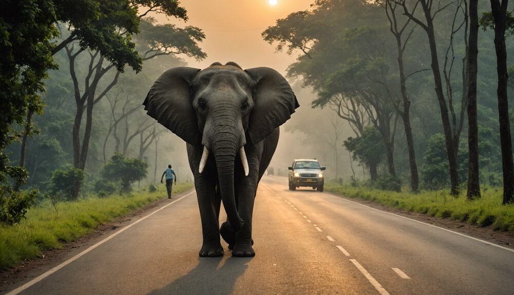 wild elephants visit road