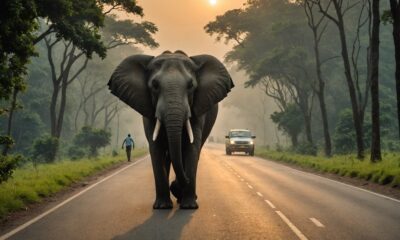 wild elephants visit road