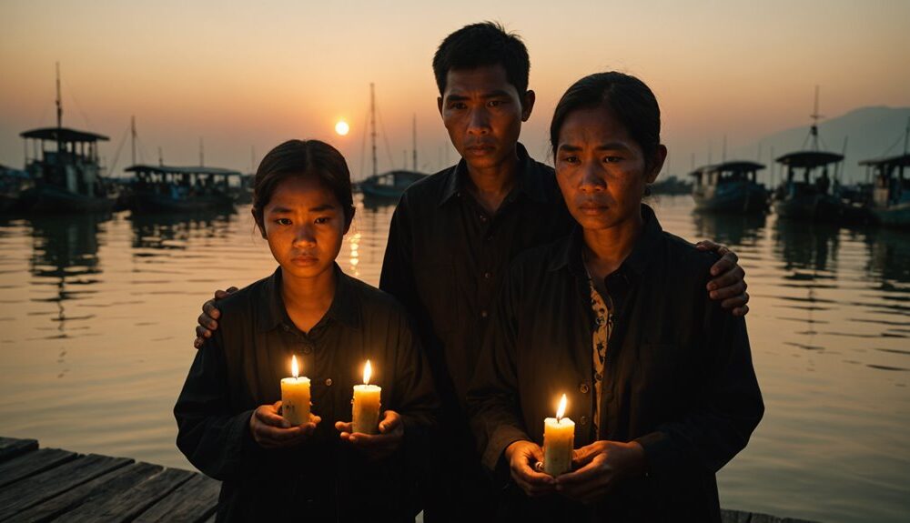 keluarga berdoa di pelabuhan