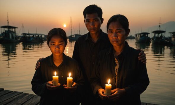 keluarga berdoa di pelabuhan